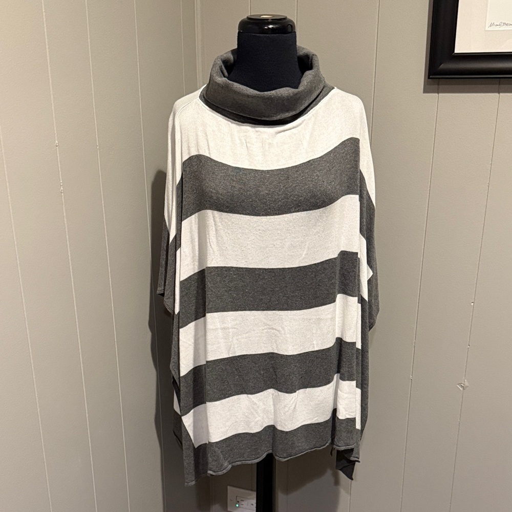 M. Rena Charcoal and White Striped Cowl Neck Preppy Sweater Poncho